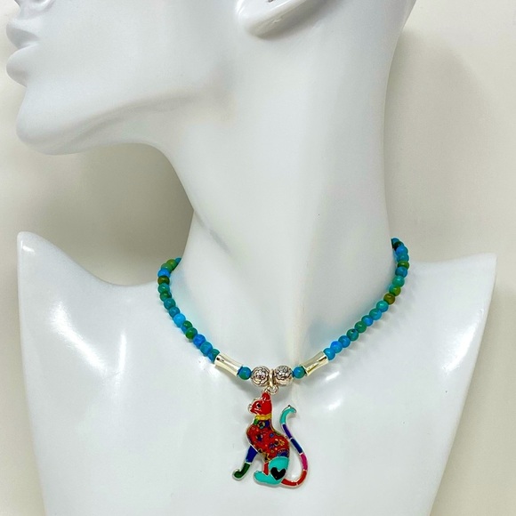 Regal colorful sculptured enameled cat necklace with agate 19 inches - Picture 1 of 6